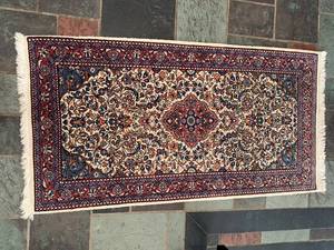 Vintage Hand-Knotted Style Geometric Floral Area Rug Fringe , Navy Blue & Red Border