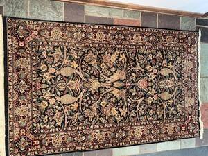 Persian Style Floral Area Rug with Fringe Dark Field Red Border