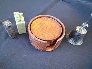 EPNS Engraved Metal Case with Blue Cabochon - Vintage Desk Decor (Coasters, Bell, Seal)