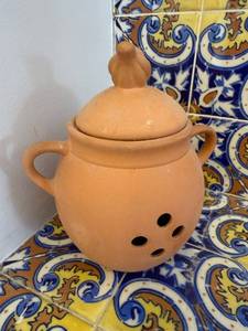 Boston Warehouse Trading Corp Garlic Keeper Jar with Lid - Terracotta, Vent Holes, Dual Handles