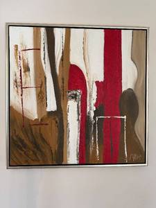 Abstract Painting - Red, Brown & Ivory Vertical Stripes, Signed, Framed