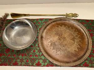 Hand Carved Wood Tray - Silver Tone Bowl - Brass Owl Shoe Horn