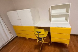 Vintage Murame Finland - Finnish-Made Modular Desk with 3 Yellow Drawer Units, 2 White Cabinet, Yellow Chair & White Shelf