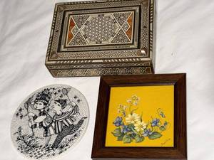 Nymolle Denmark Inlaid Wood Box, Wiinblad Plaque & Framed Yellow Floral Art