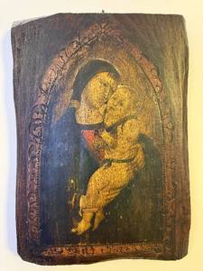 Antique Style Madonna & Child Hand Painted Religious Icon on Carved Wood Panel