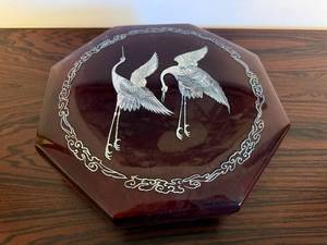 Vintage Burgundy Octagonal Trinket Box with Crane Inlay - Jewelry & Sewing Box