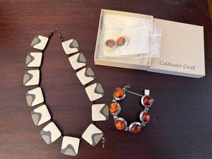 Amber Tone Bracelet & Matching Earrings, GreyWhite Tile-Linked Necklace