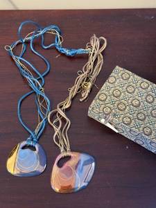 Glass Heart Pendant Necklace Pair - Multicolor Swirl on Cord