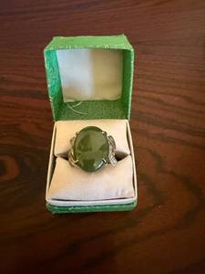 Green Oval Cabochon Ring - 14K Gold Setting with Accent Stones