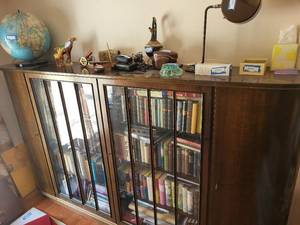 Vintage Walnut Bookcase Cabinet with Glass Doors - Key Included