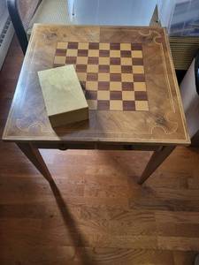 Wooden Chess Table with Inlaid Board and Dual Drawers - Includes Chess Set Box