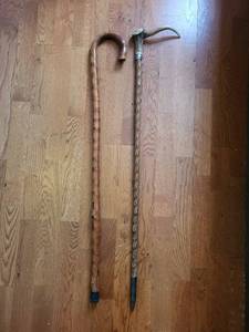 Carved Walking Sticks - Crook Handle & Antler-Handled (Lot of 2)