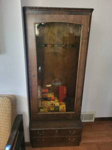 Vintage Wood Curio gun case Cabinet with Glass Door - 27W x 18D x 65H in, 2 Drawers
