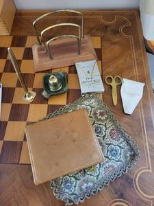 Vintage Brass Desk Set with Letter Rack, Candle Snuffer, Inkwell, 8 Turquoise Ceramic Dishes