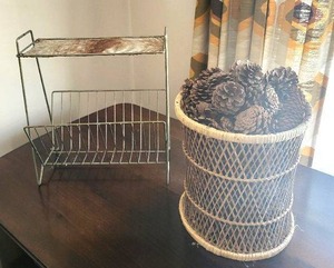 Vintage Two-Tier Wire Dish Rack with Wicker Pinecone Basket