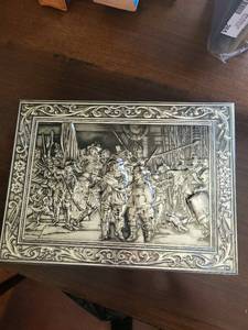 Vintage Embossed Tin Trinket Box - Military Scene, Ornate Border, Silver Tone