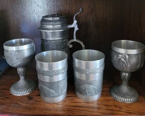 Pewter Tankard with Lid & 4 Hunting Scene Goblets - Ornate Relief Set, Vintage Collectible