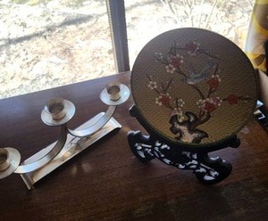 Jingfa Porcelain Plate with Bird & Blossom Motif on Stand - Three-Arm Candelabra