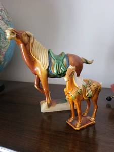 Pair of Ceramic Horse Figurines - Glazed Brown with Green Saddles