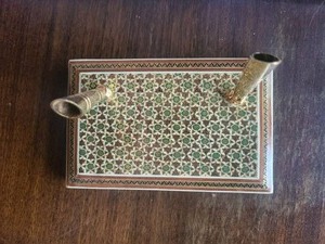 Vintage Persian Khatam Kari inlaid wooden pen holder trinket tray