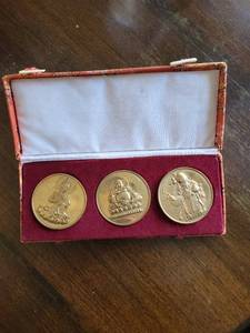 Three Buddhist Medallions in Pink Brocade Box with White Satin Liner (Three-Coin Set)