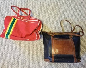 Two vintage Handbags - Red Nylon Satchel with Stripe Detail and Navy Leather Tote