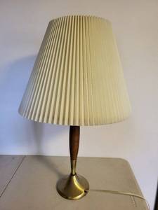 Mid-Century Table Lamp - Brass Base, Wood Stem, Cream Pleated Shade
