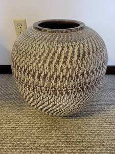 Ceramic Vase - Large Textured Round Vessel with GrayBeige Pattern