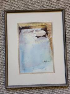 Abstract Coastal Landscape - Framed Artwork, Pale Blue Wash, Signed