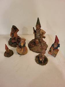 Six-Piece Vintage Hand-Painted Gnome Figurine Set - Leaf & Acorn Bases
