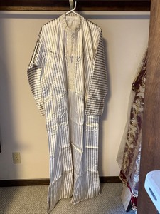 Vintage Moroccan Style Caftan Robe White Blue Striped Embroidered