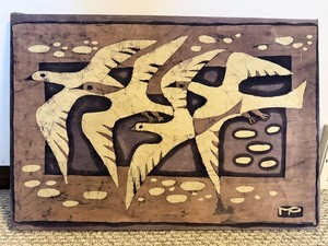 Signed Vintage Batik Textile Wall Art Flying Birds Framed 26x18