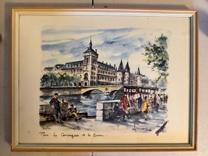 Signed Framed Paris Watercolor La Conciergerie et la Seine Artwork