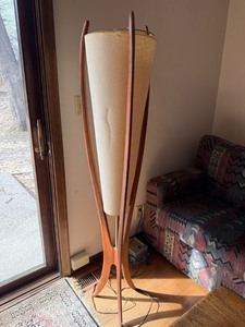 Vintage MCM Sculptural Wood Tripod Floor Lamp w Cone Shade 59in