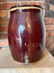 RRP Roseville Ohio Brown Stoneware Water Cooler Crock w Spigot Lid