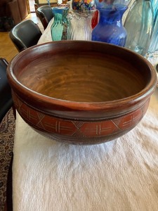 Large Hand Carved Wooden Decorative Bowl Geometric Motif 12in