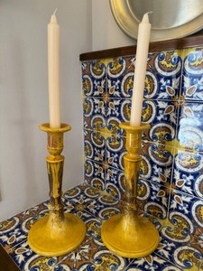 Abigails Italy Ceramic Taper Candlesticks Pair Yellow Drip Glaze