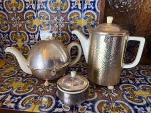 Vintage Art Deco Thermal Ball Teapot Coffee Pot and Sugar Dish WMF Hutchenreuther Silver Plated and Ceramic German Art Deco Hammered Metal Coffee Tea Set 3 Pc Insulated