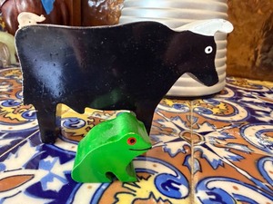 Hand Carved Wooden Animal Figures Sheep Ram & Frog Folk Art Decor