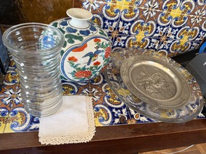 Decorative Estate Lot Vase Glass Platter Pewter Plate Marked Vase