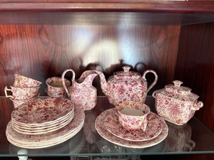 Antique Red Transferware Tea Set Lot Teapot Plates Cups Sugar