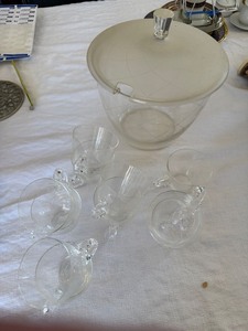 Vintage Etched Glass Punch Bowl Set w Lid & 6 Cups MCM Atomic