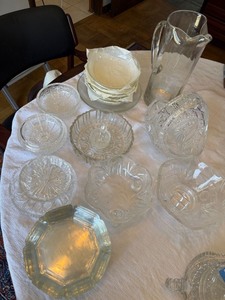 Mixed Vintage Clear Glass Serveware Lot Pitcher Bowls Basket 14 Pcs