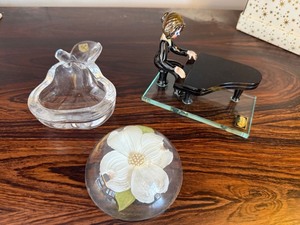 Vintage Cristal dArques Glass Decor Lot Pear Dish Pianist Flower Dome