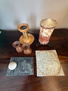 Vintage Decor Lot Danish Teak Candlesticks Soapstone Candle Tile