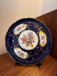 Limoges France Cobalt Blue Floral Cabinet Plate with Gilt Decor