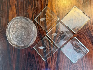 Vintage Glass Coaster Set Etched Floral Squares w Round Holder 6 Pc