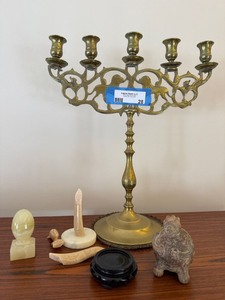 Vintage Brass Figural 5-Light Candelabrum w Stone Decor Lot