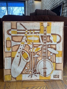 Vintage Abstract Batik Textile Wall Art Music Instruments Signed 24in