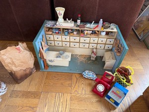 Vintage German Folk Art Toy Grocery Store w Drawers & Accessories and Storage Trunk
